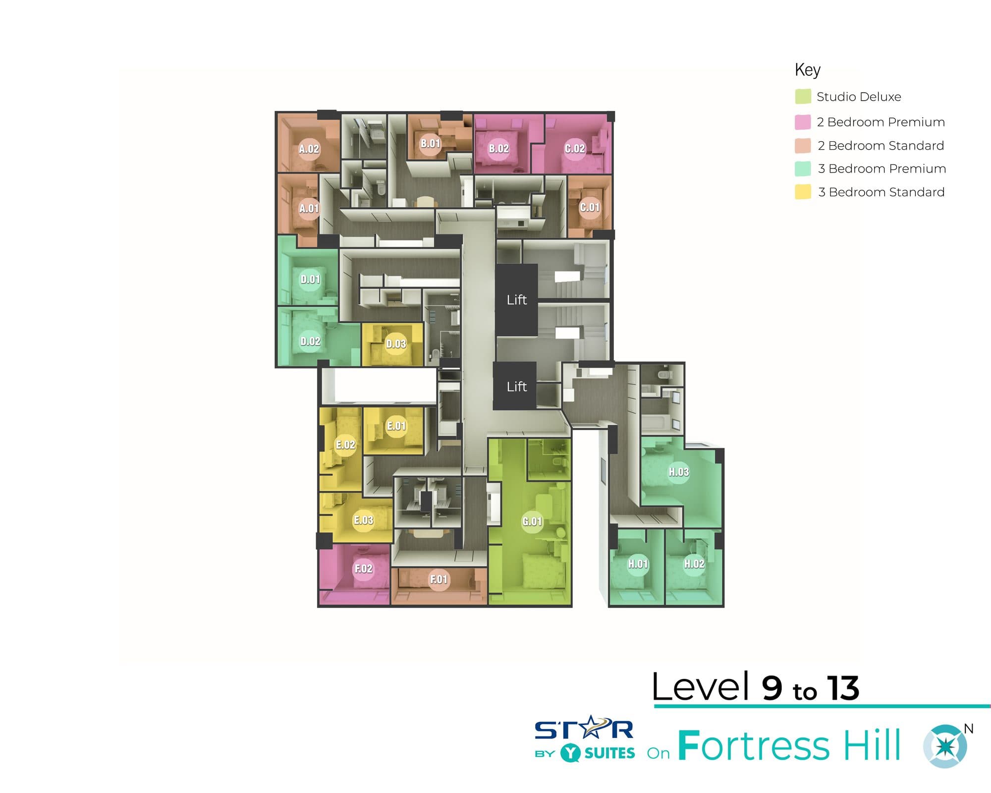 Levels 9–13 floor plan